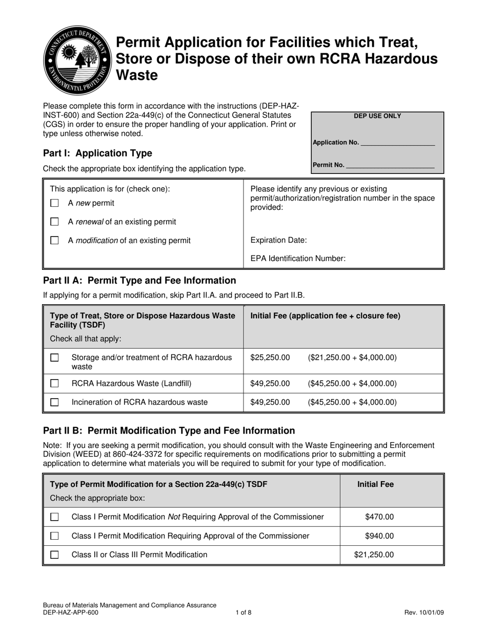 Form DEP-HAZ-APP-600 Permit Application for Facilities Which Treat, Store or Dispose of Their Own Rcra Hazardous Waste - Connecticut, Page 1
