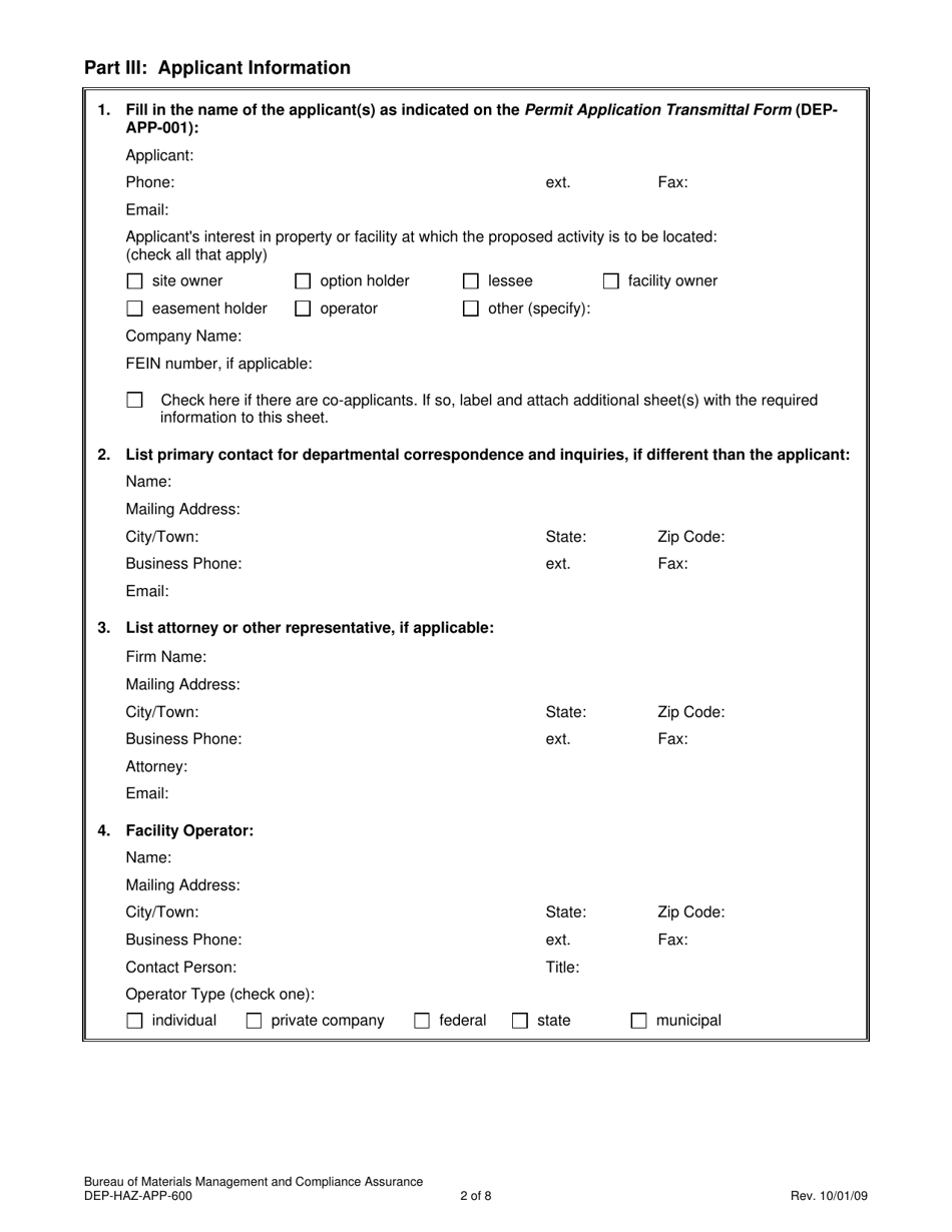 Form DEP-HAZ-APP-600 Permit Application for Facilities Which Treat, Store or Dispose of Their Own Rcra Hazardous Waste - Connecticut, Page 2