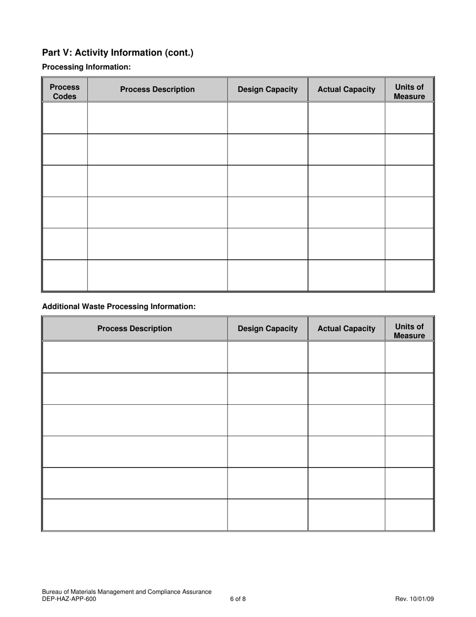 Form DEP-HAZ-APP-600 Permit Application for Facilities Which Treat, Store or Dispose of Their Own Rcra Hazardous Waste - Connecticut, Page 6
