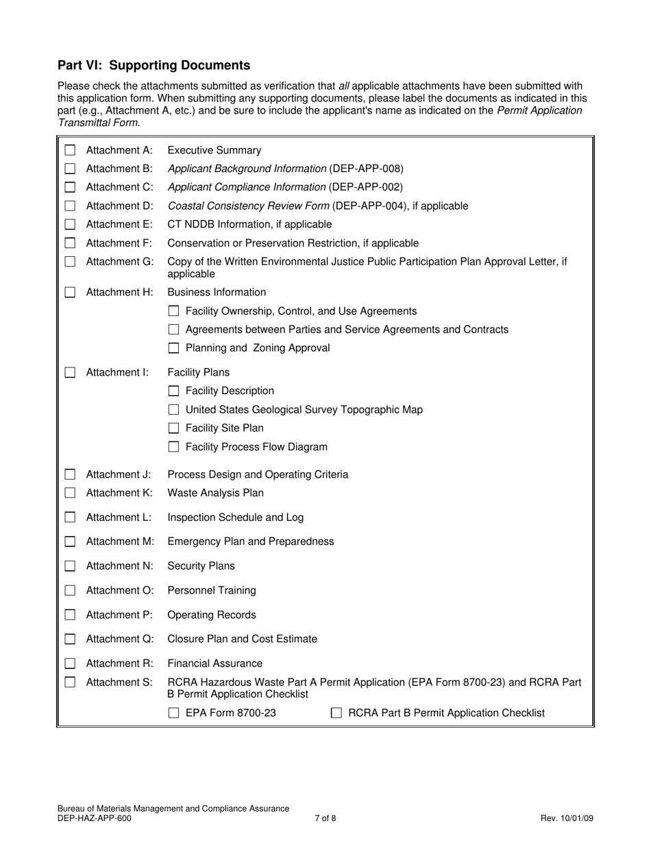 Form DEP-HAZ-APP-600 Permit Application for Facilities Which Treat, Store or Dispose of Their Own Rcra Hazardous Waste - Connecticut, Page 7