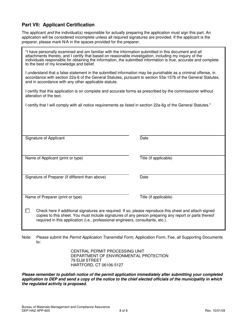 Form DEP-HAZ-APP-600 Permit Application for Facilities Which Treat, Store or Dispose of Their Own Rcra Hazardous Waste - Connecticut, Page 8