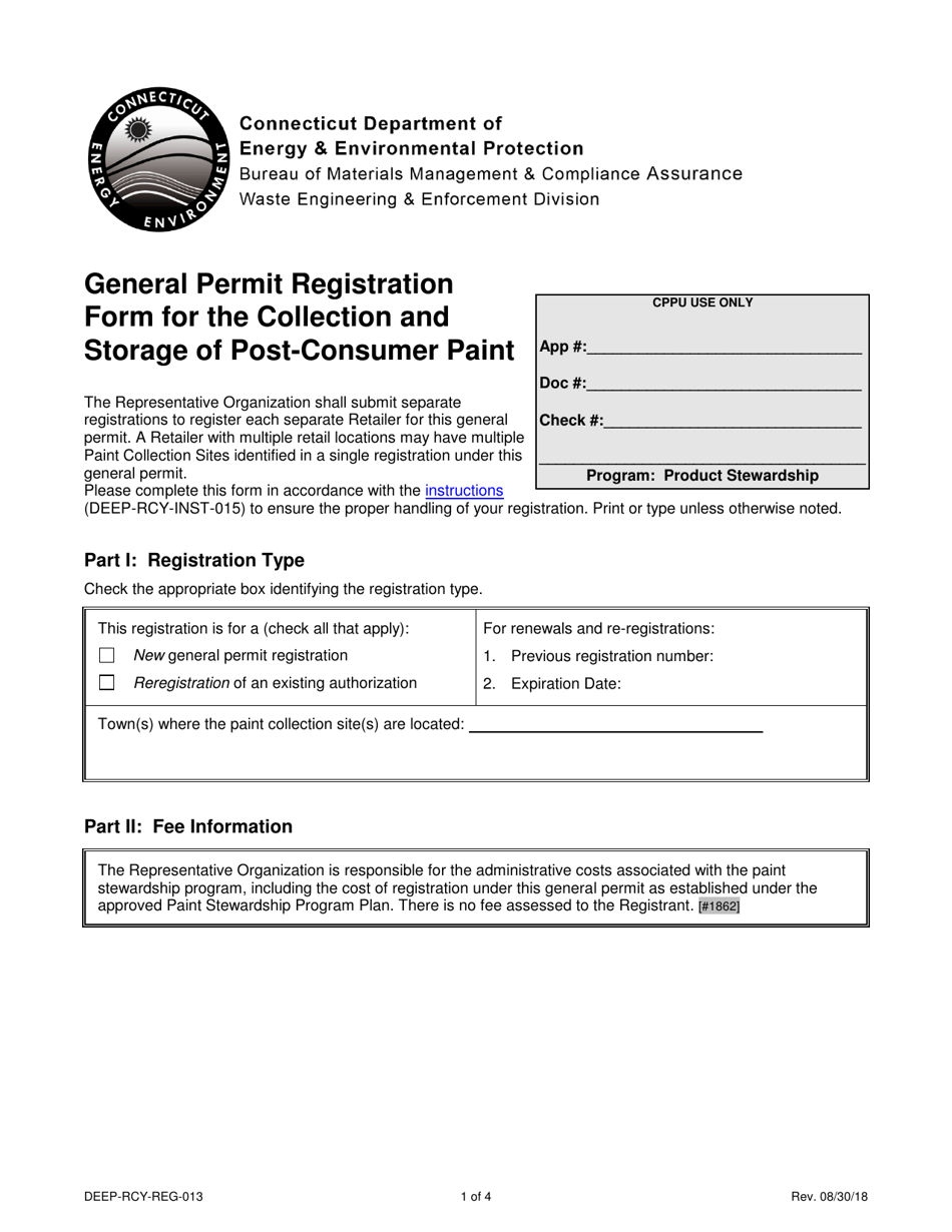 Form DEEP-RCY-REG-013 General Permit Registration Form for the Collection and Storage of Post-consumer Paint - Connecticut, Page 1