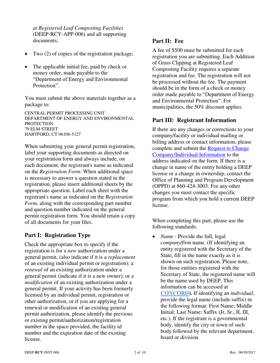 Instructions for Form DEEP-RCY-REG-006 General Permit Registration Form for the Addition of Grass Clippings at Registered Leaf Composting Facilities - Connecticut, Page 2