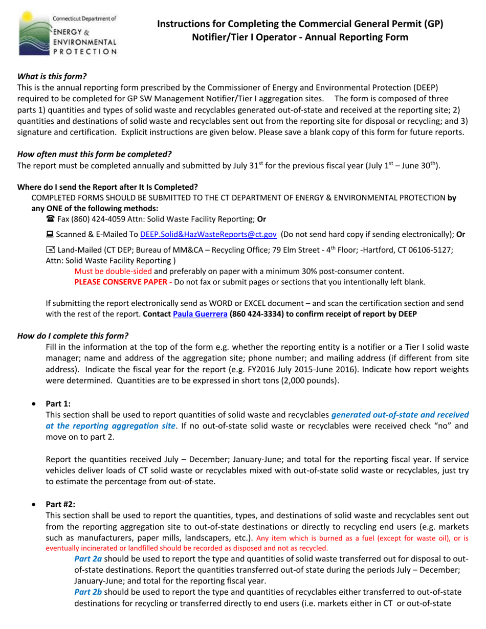 Instructions for Commercial General Permit (Gp) Notifier / Tier I Operator - Annual Reporting Form - Connecticut, Page 1