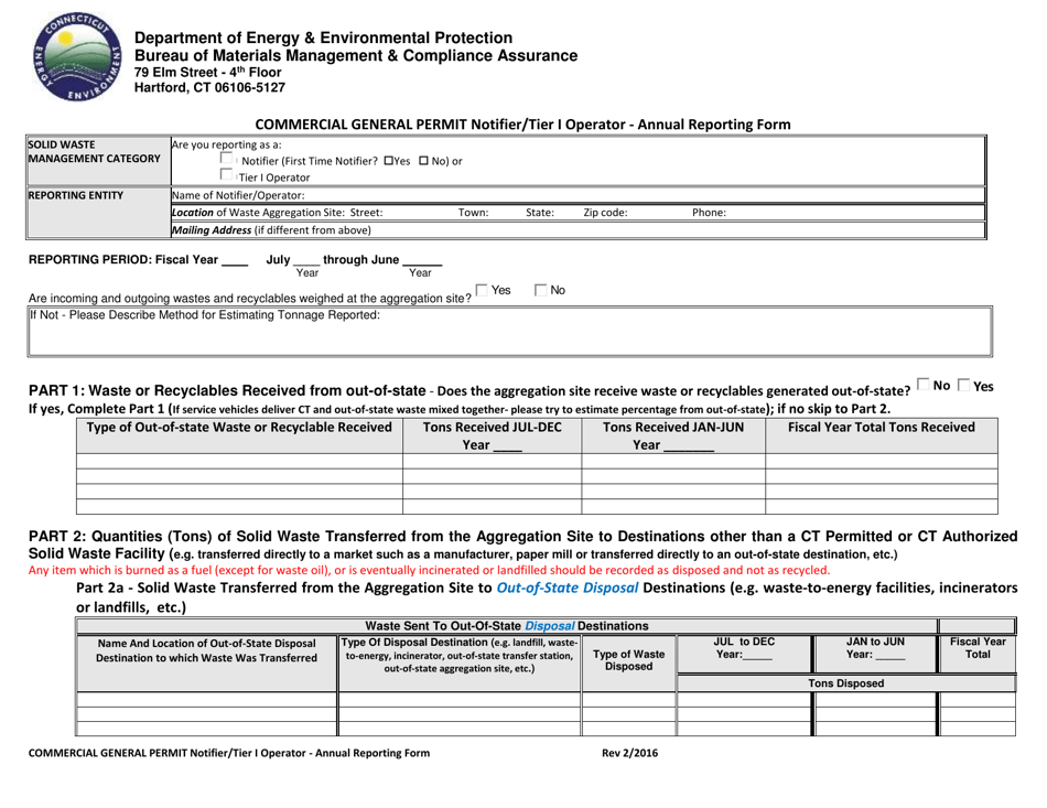Commercial General Permit Notifier / Tier I Operator - Annual Reporting Form - Connecticut, Page 1