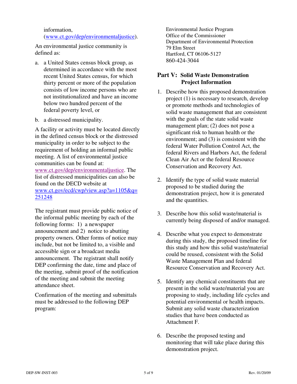 Instructions for Form DEP-SW-REG-003 Registration Form for a Connecticut Solid Waste Demonstration Project - Connecticut, Page 5
