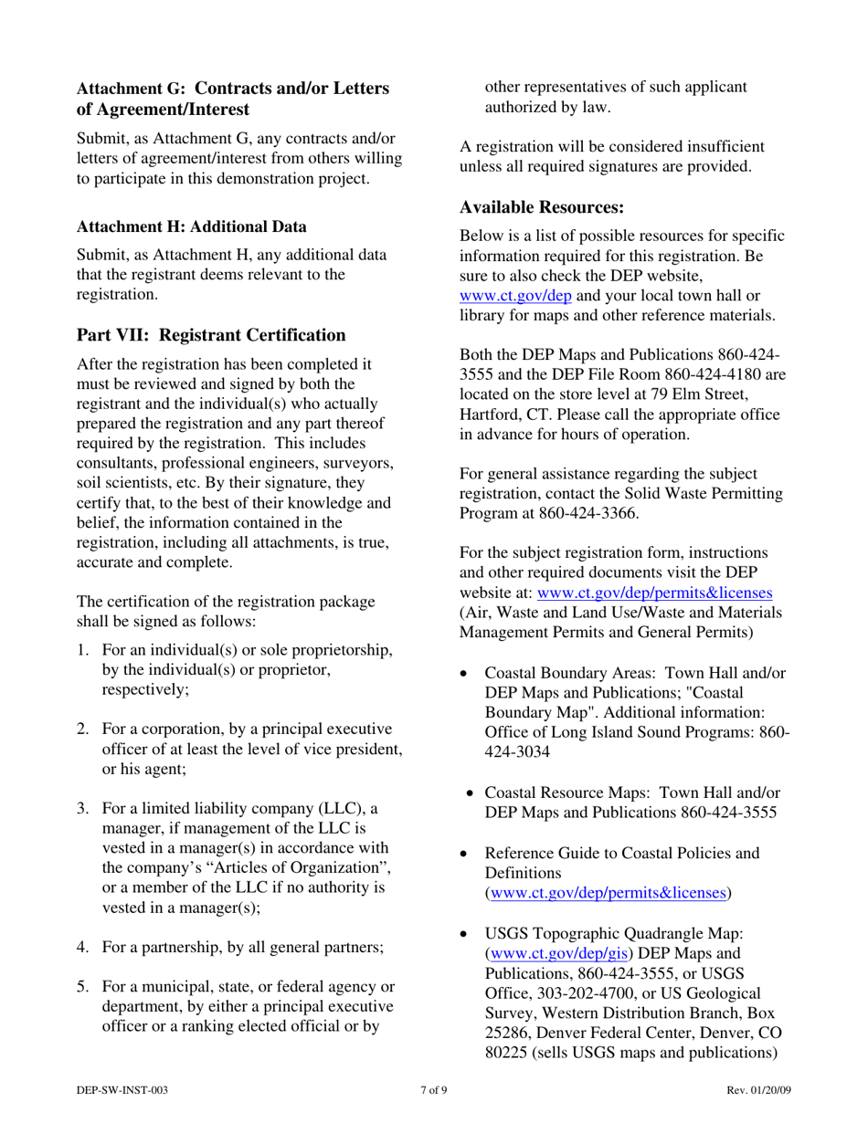 Instructions for Form DEP-SW-REG-003 Registration Form for a Connecticut Solid Waste Demonstration Project - Connecticut, Page 7