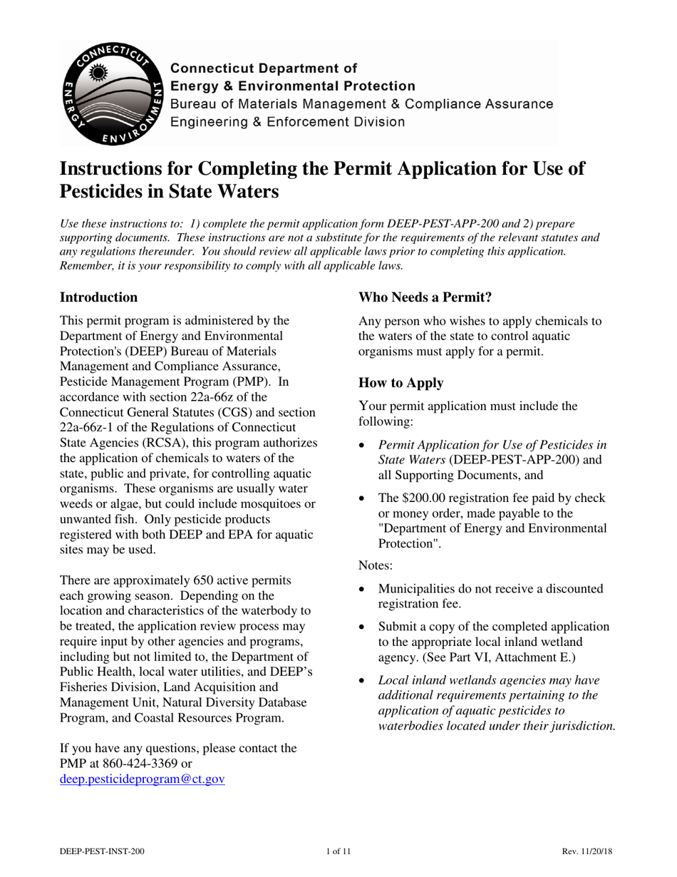 Instructions for Form DEEP-PEST-APP-200 Permit Application for the Use of Pesticides in State Waters - Connecticut, Page 1