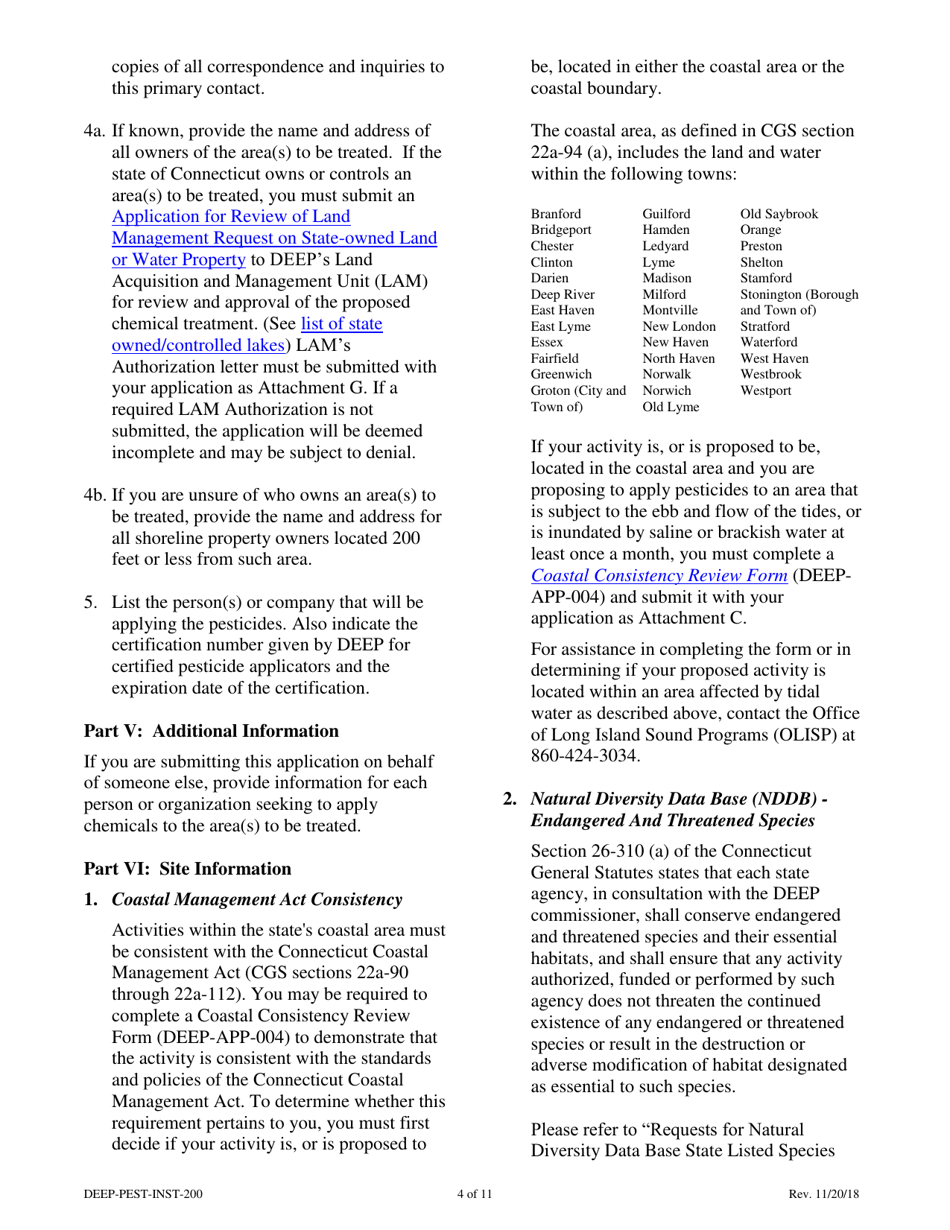 Instructions for Form DEEP-PEST-APP-200 Permit Application for the Use of Pesticides in State Waters - Connecticut, Page 4