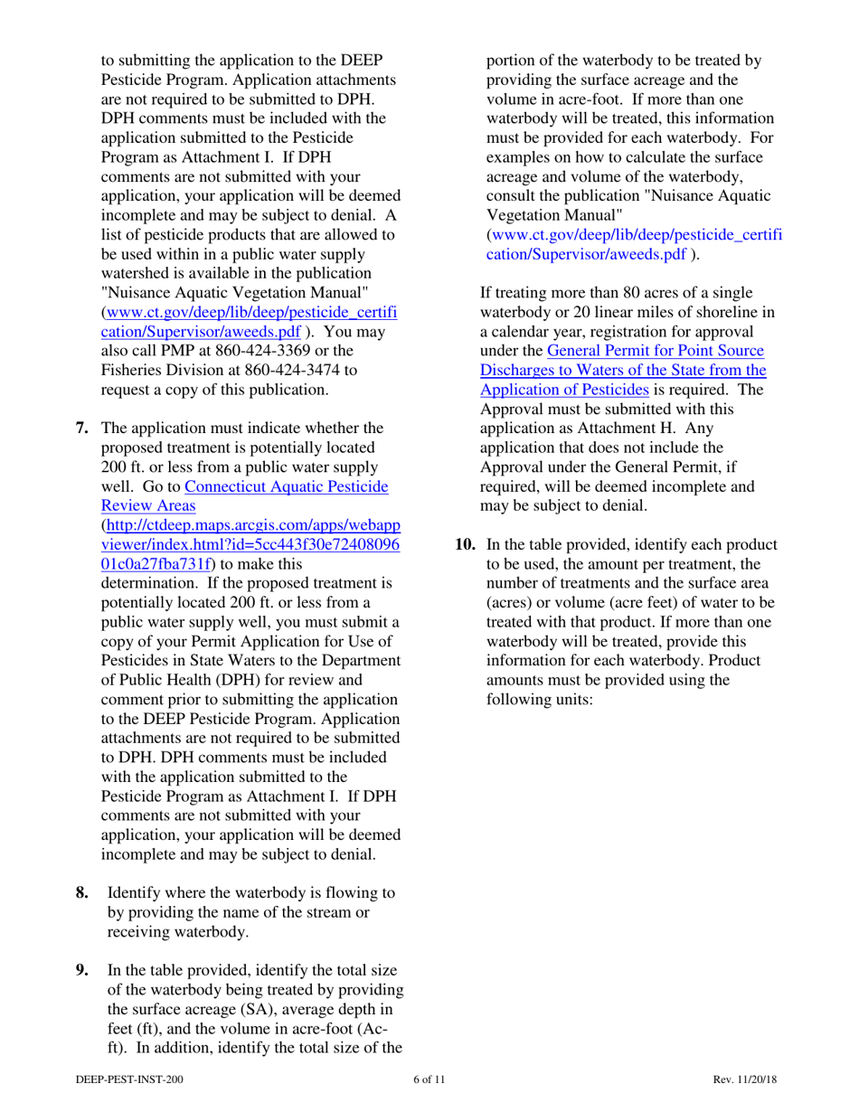Instructions for Form DEEP-PEST-APP-200 Permit Application for the Use of Pesticides in State Waters - Connecticut, Page 6