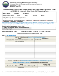 Document preview: Appendix A Commercial Gp Facility Receiving Asbestos Containing Material - Quarterly Solid Waste (SW) Reporting Form - Connecticut