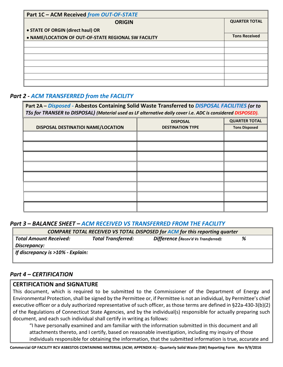 Appendix A Commercial Gp Facility Receiving Asbestos Containing Material - Quarterly Solid Waste (SW) Reporting Form - Connecticut, Page 2
