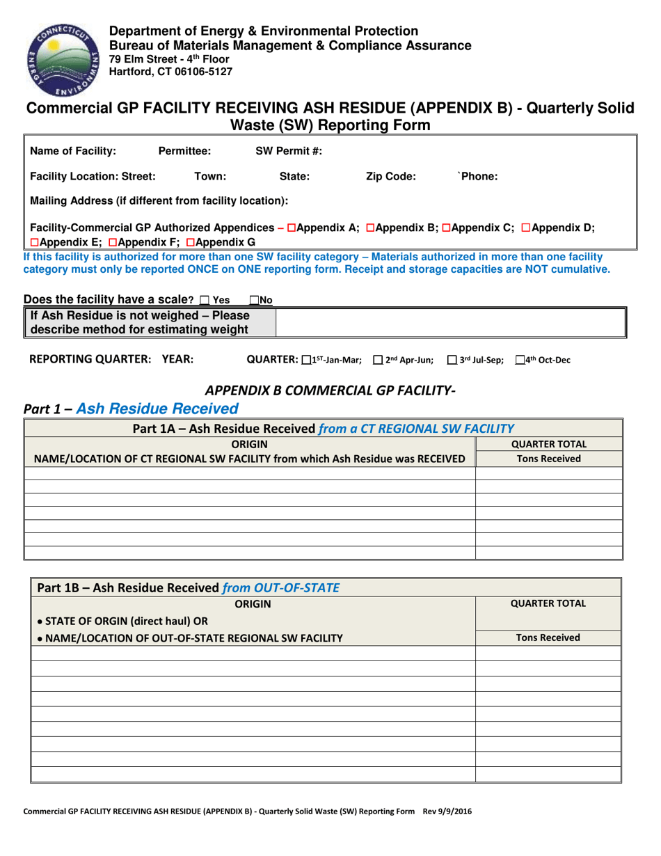 Appendix B Commercial Gp Facility Receiving Ash Residue - Quarterly Solid Waste (SW) Reporting Form - Connecticut, Page 1
