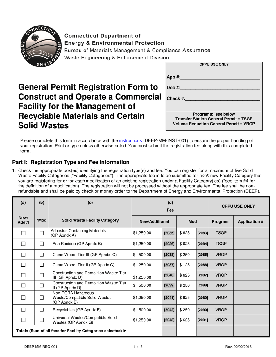 Form DEEP-MM-REG-001 General Permit Registration Form to Construct and Operate a Commercial Facility for the Management of Recyclable Materials and Certain Solid Wastes - Connecticut, Page 1