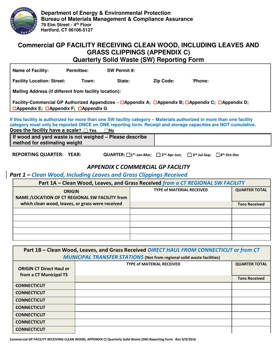 Appendix C Commercial Gp Facility Receiving Clean Wood, Including Leaves and Grass Clippings - Quarterly Solid Waste (SW) Reporting Form - Connecticut, Page 1