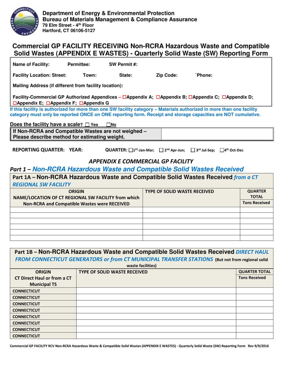 Appendix E Commercial Gp Facility Receiving Non-rcra Hazardous Waste and Compatible Solid Waste - Quarterly Solid Waste (SW) Reporting Form - Connecticut, Page 1