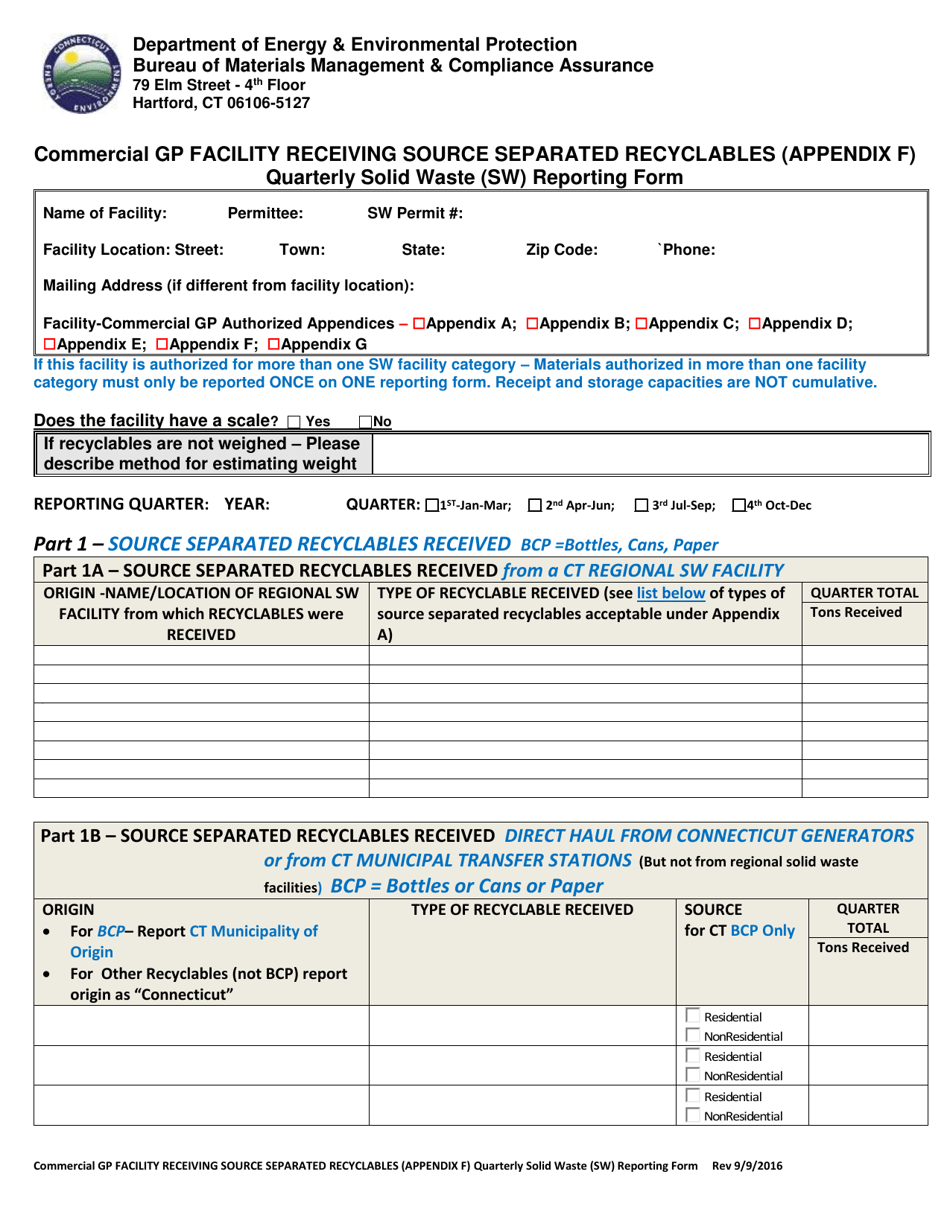 Appendix F Commercial Gp Facility Receiving Source Separated Recyclables - Quarterly Solid Waste (SW) Reporting Form - Connecticut, Page 1