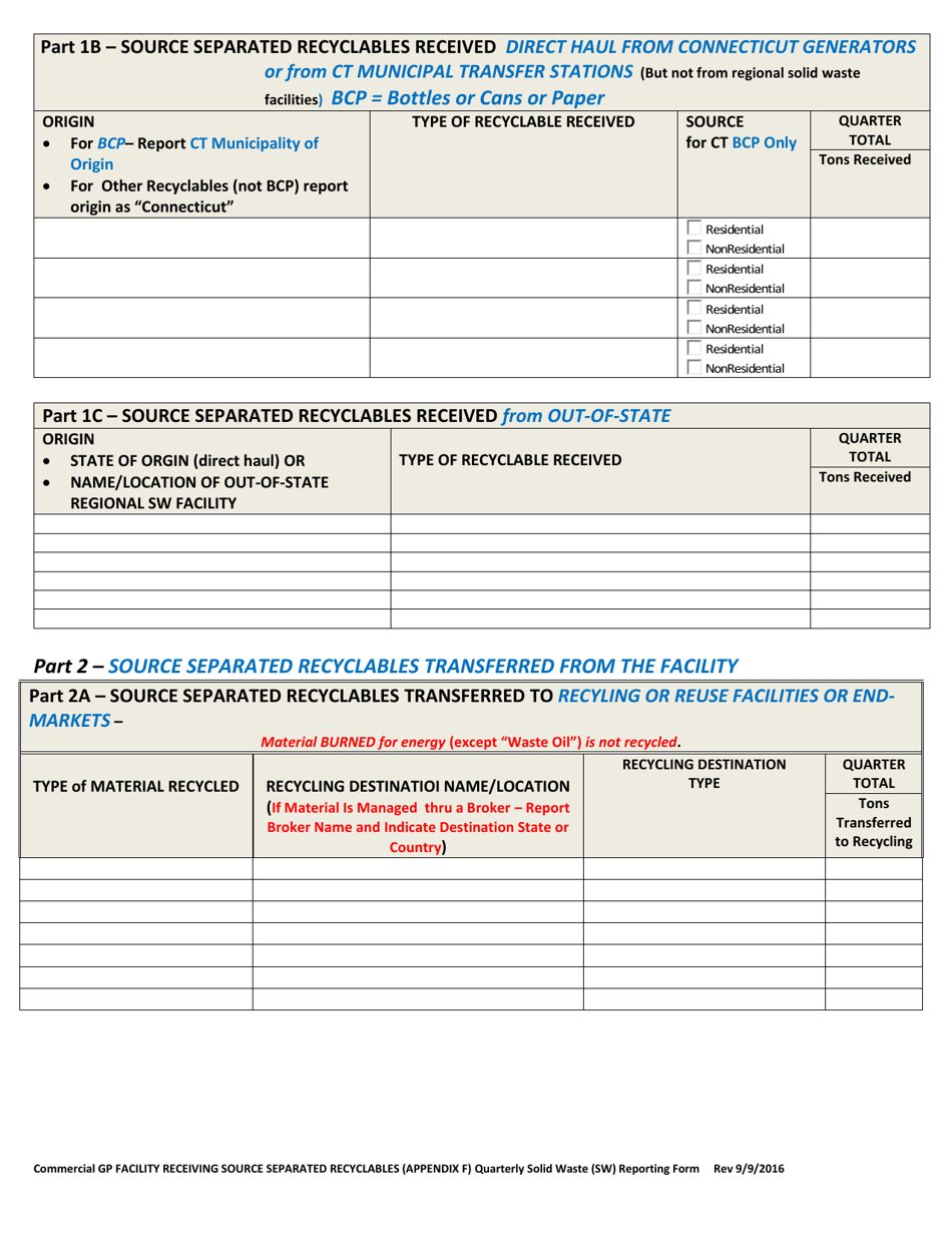 Appendix F Commercial Gp Facility Receiving Source Separated Recyclables - Quarterly Solid Waste (SW) Reporting Form - Connecticut, Page 2