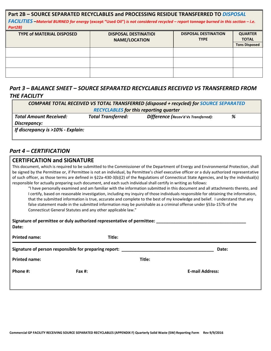 Appendix F Commercial Gp Facility Receiving Source Separated Recyclables - Quarterly Solid Waste (SW) Reporting Form - Connecticut, Page 3