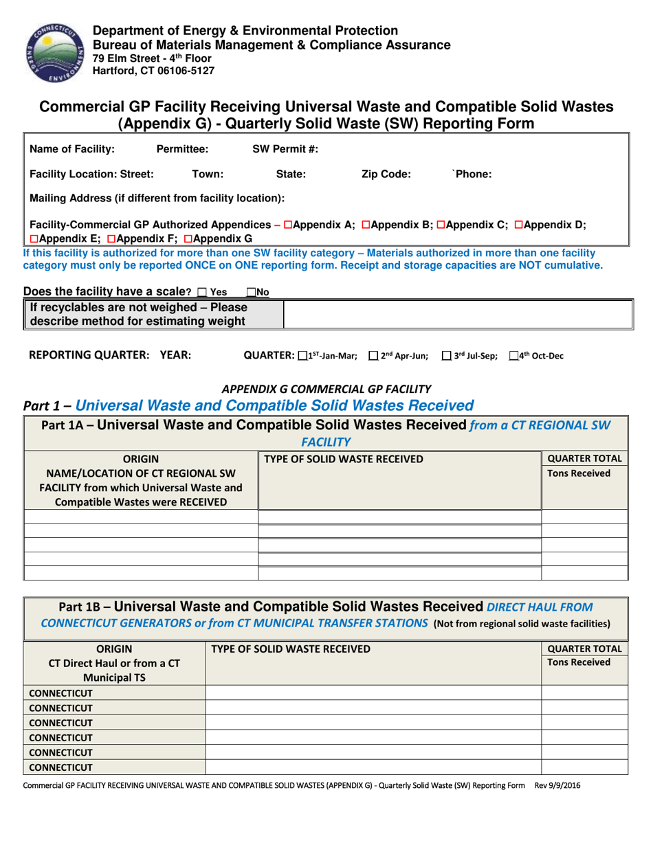 Appendix G Commercial Gp Facility Receiving Universal Waste and Compatible Solid Wastes - Quarterly Solid Waste (SW) Reporting Form - Connecticut, Page 1