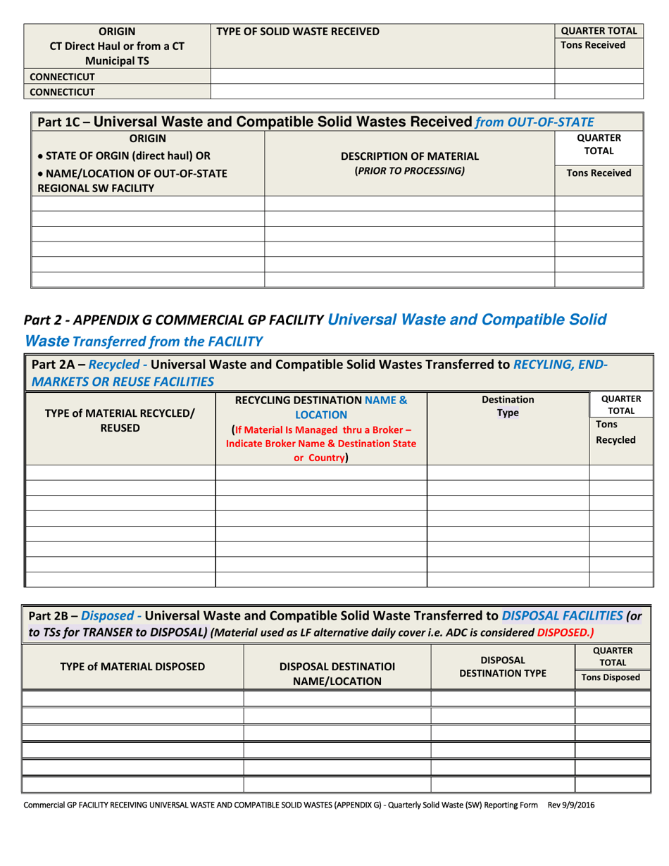 Appendix G Commercial Gp Facility Receiving Universal Waste and Compatible Solid Wastes - Quarterly Solid Waste (SW) Reporting Form - Connecticut, Page 2