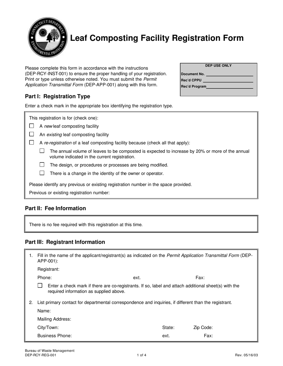 Form DEP-RCY-REG-001 Leaf Composting Facility Registration Form - Connecticut, Page 1