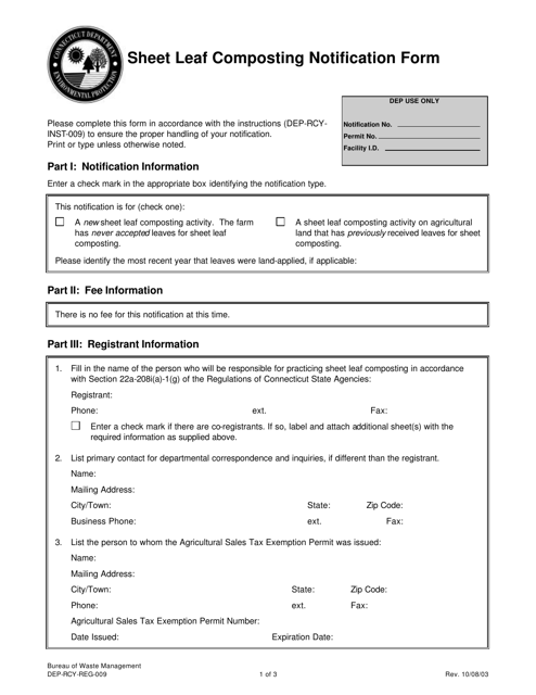 Form DEP-RCY-REG-009  Printable Pdf