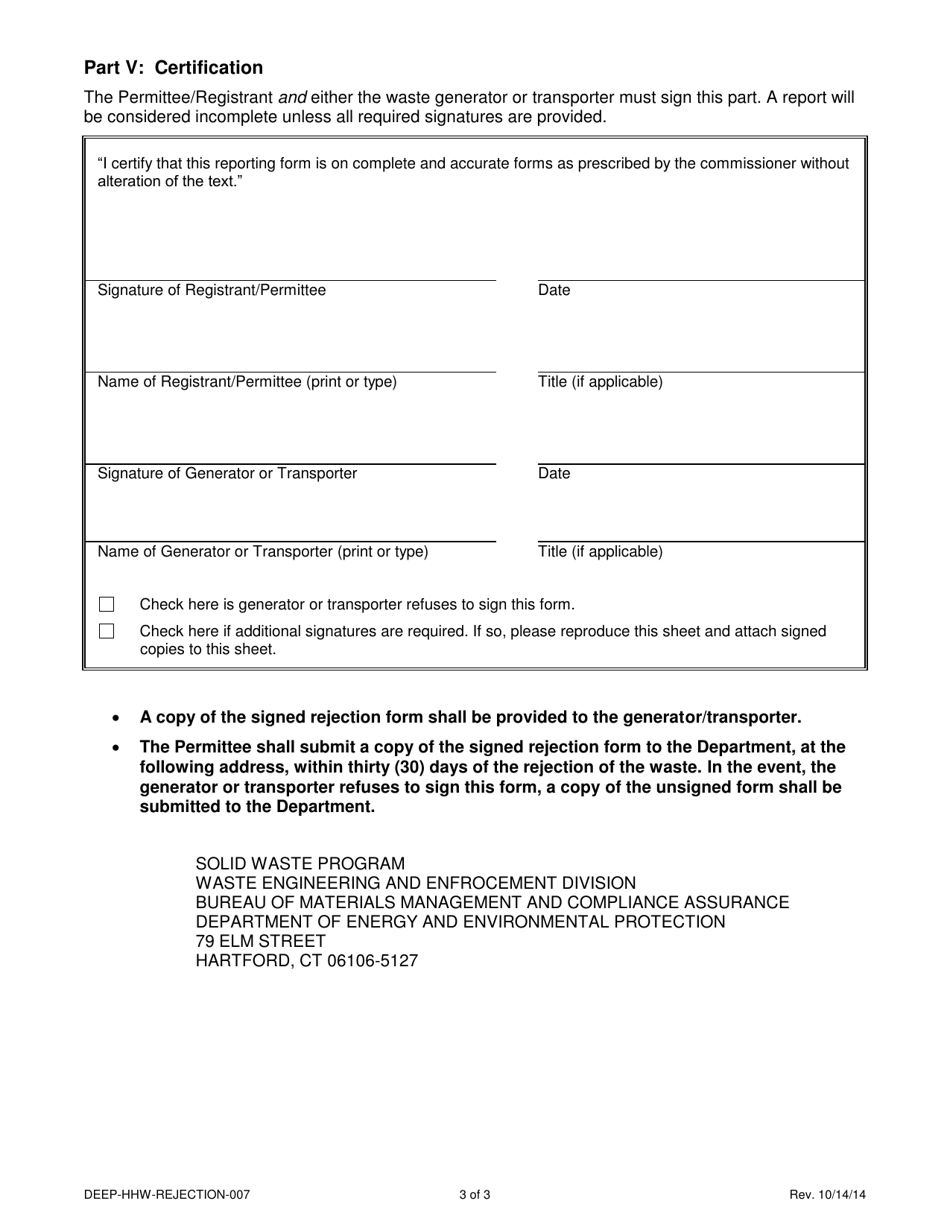 Form DEEP-HHW-REJECTION-007 Rejection of Waste Form - Connecticut, Page 3