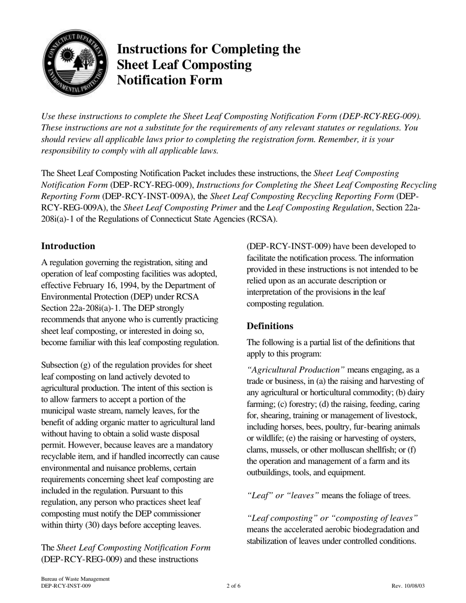 Instructions for Form DEP-RCY-REG-009 Sheet Leaf Composting Notification Form - Connecticut, Page 2