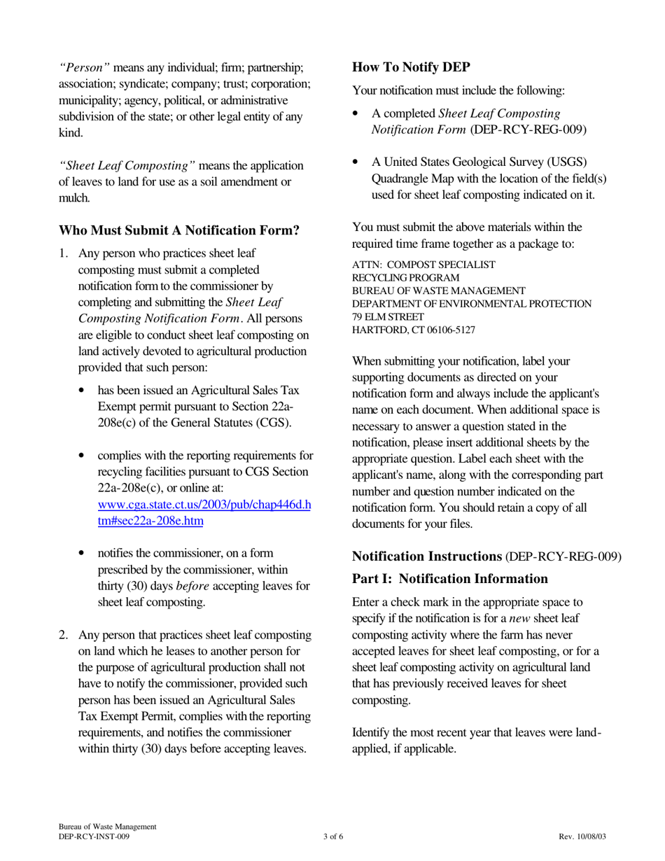Instructions for Form DEP-RCY-REG-009 Sheet Leaf Composting Notification Form - Connecticut, Page 3