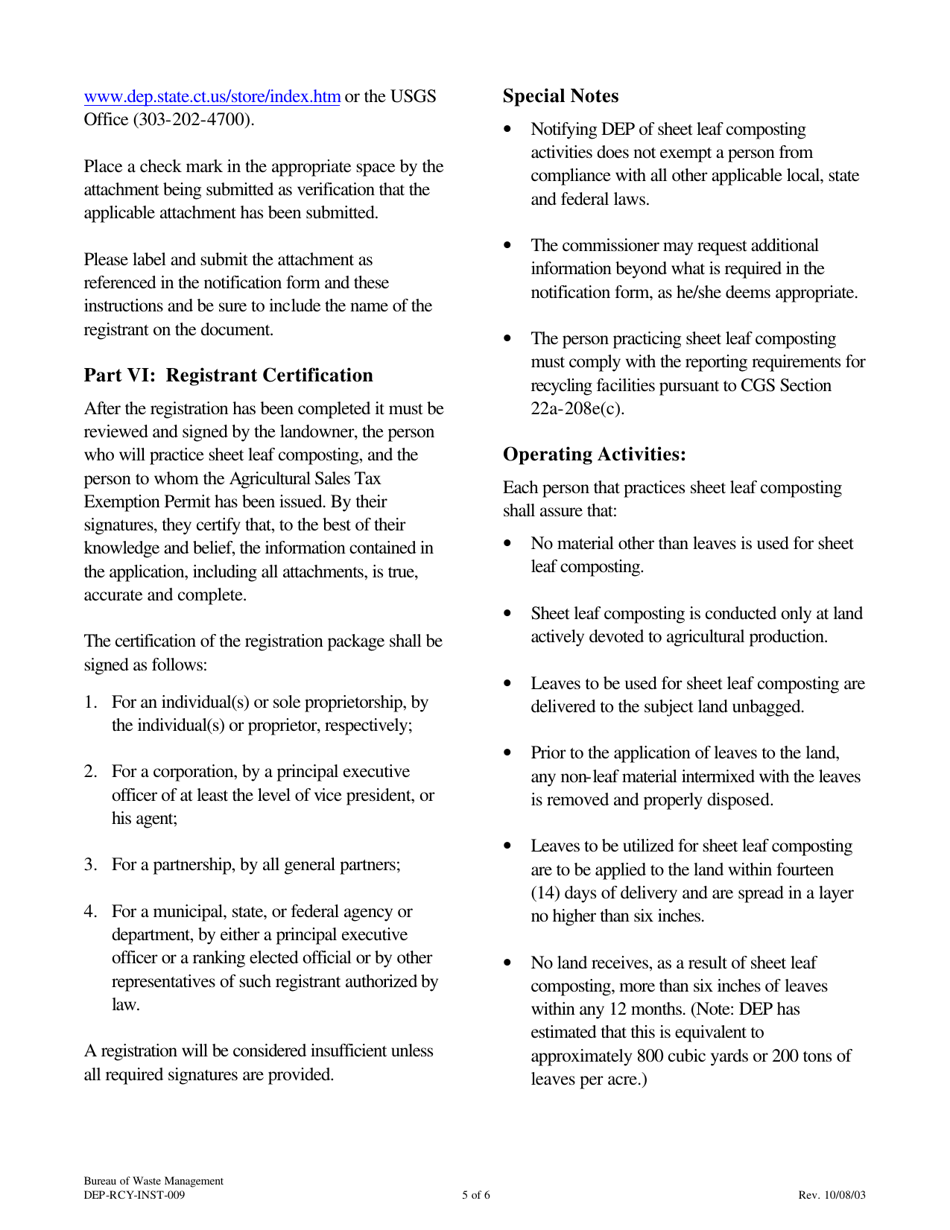 Instructions for Form DEP-RCY-REG-009 Sheet Leaf Composting Notification Form - Connecticut, Page 5