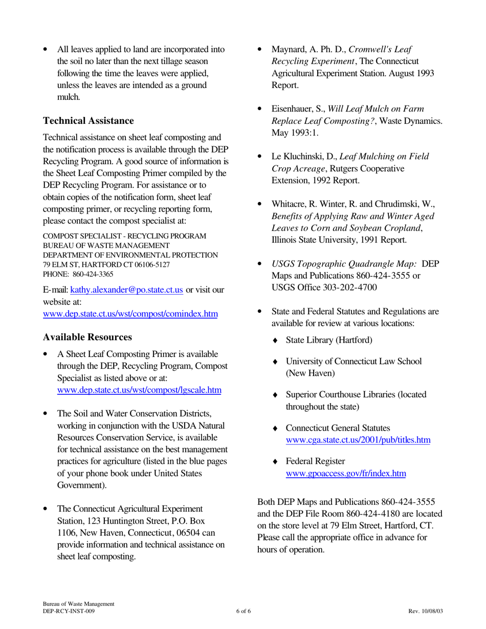 Instructions for Form DEP-RCY-REG-009 Sheet Leaf Composting Notification Form - Connecticut, Page 6