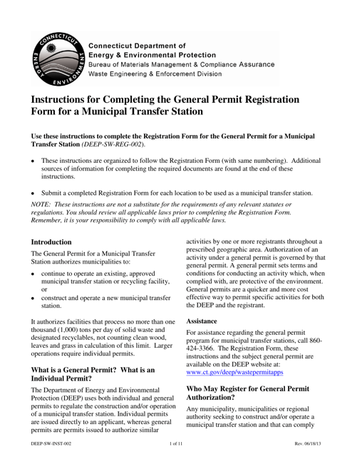 Instructions for Form DEEP-SW-REG-002 General Permit Registration Form for a Municipal Transfer Station - Connecticut