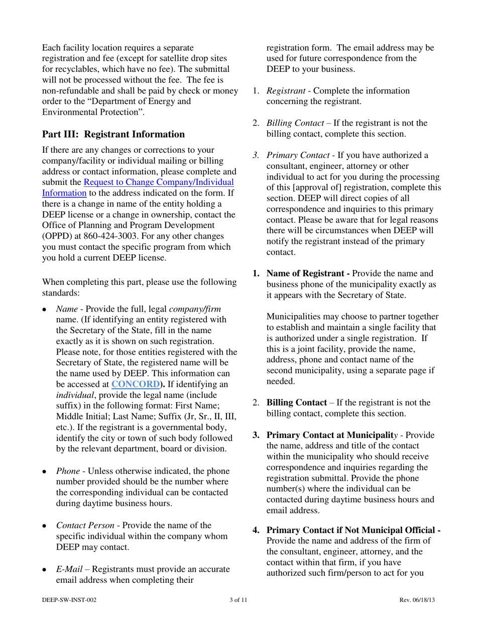 Instructions for Form DEEP-SW-REG-002 General Permit Registration Form for a Municipal Transfer Station - Connecticut, Page 3