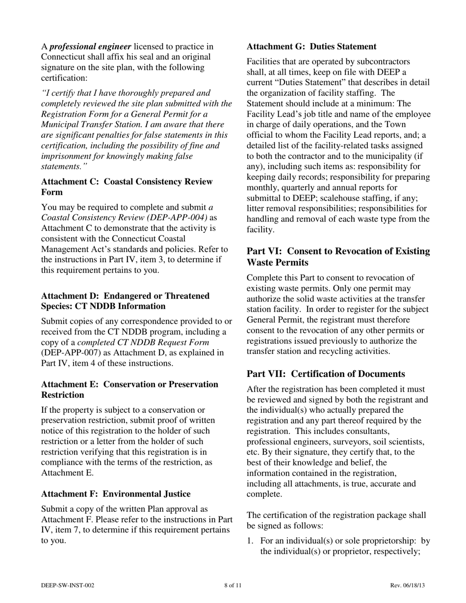 Instructions for Form DEEP-SW-REG-002 General Permit Registration Form for a Municipal Transfer Station - Connecticut, Page 8