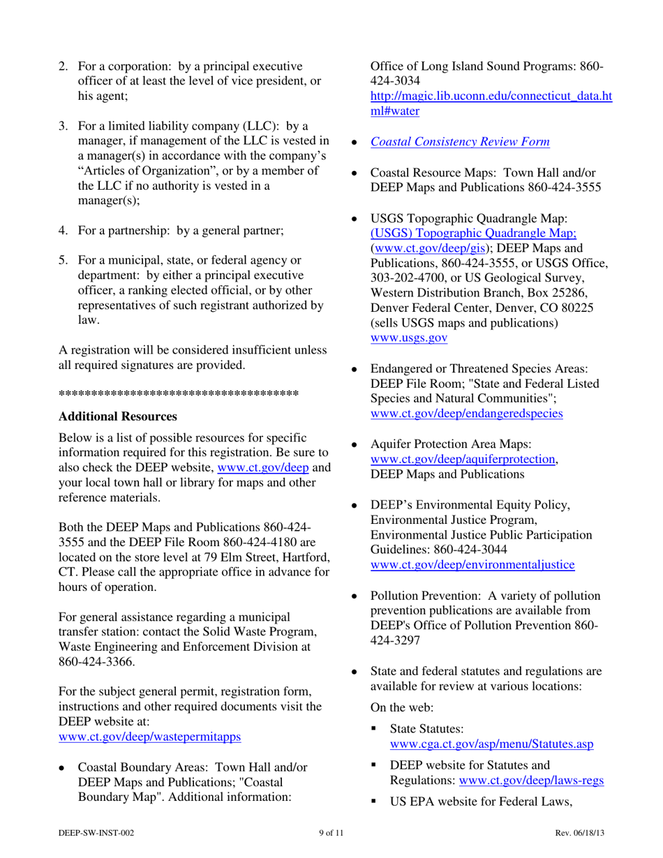Instructions for Form DEEP-SW-REG-002 General Permit Registration Form for a Municipal Transfer Station - Connecticut, Page 9