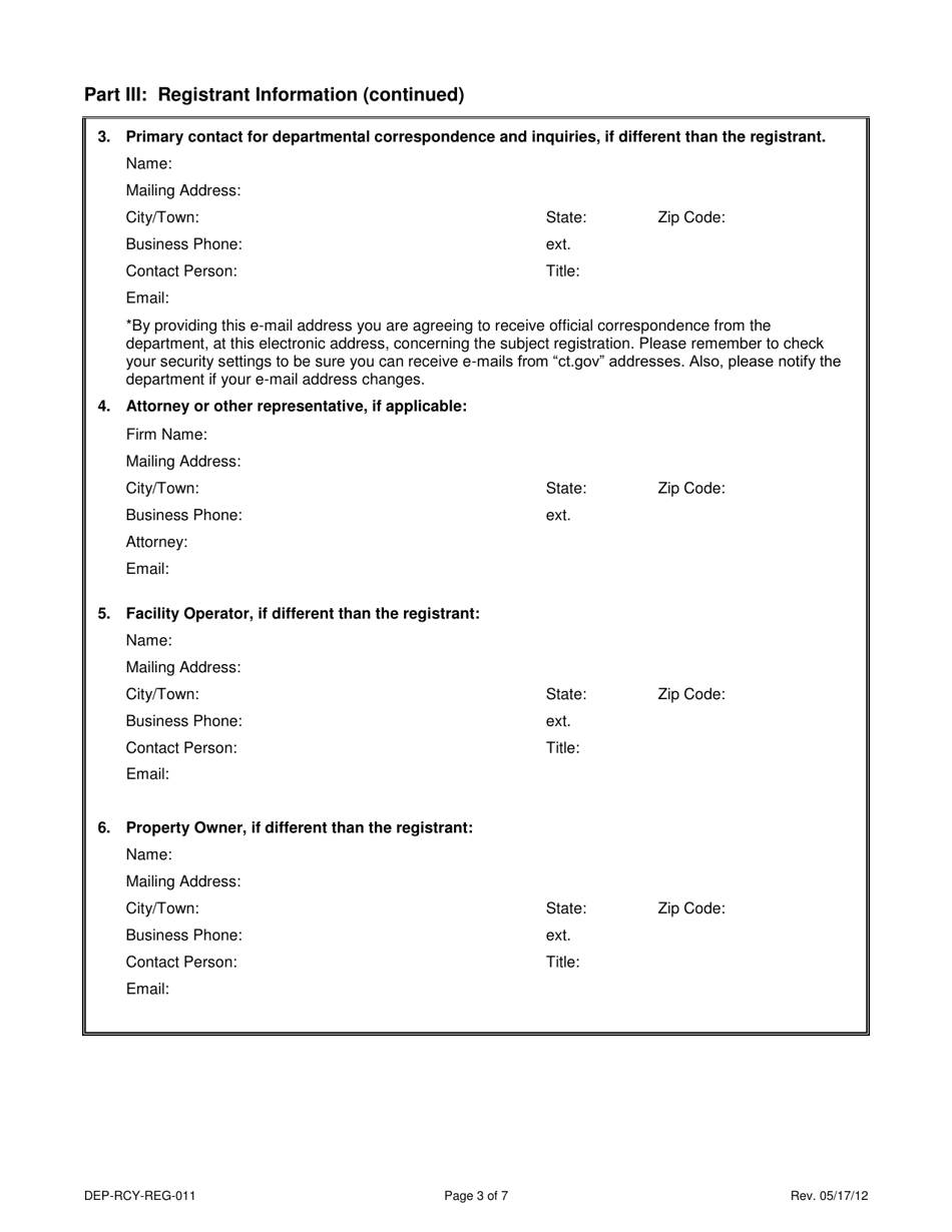 Form DEP-RCY-REG-011 General Permit Registration Form for Storage and Processing of Asphalt Roofing Shingle Waste (Arsw) for Beneficial Use and Recycling - Connecticut, Page 3