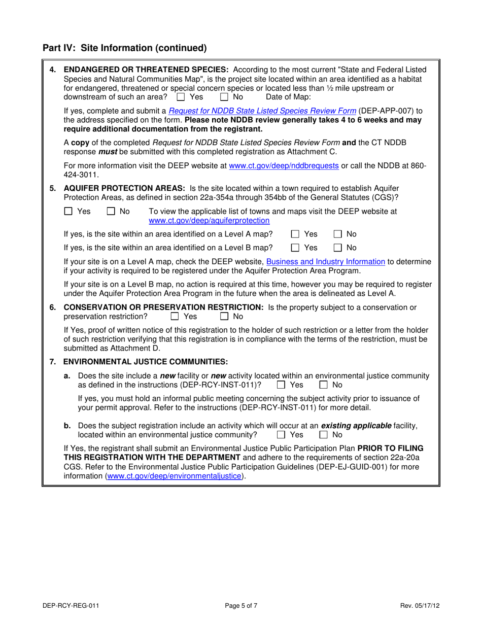 Form DEP-RCY-REG-011 General Permit Registration Form for Storage and Processing of Asphalt Roofing Shingle Waste (Arsw) for Beneficial Use and Recycling - Connecticut, Page 5