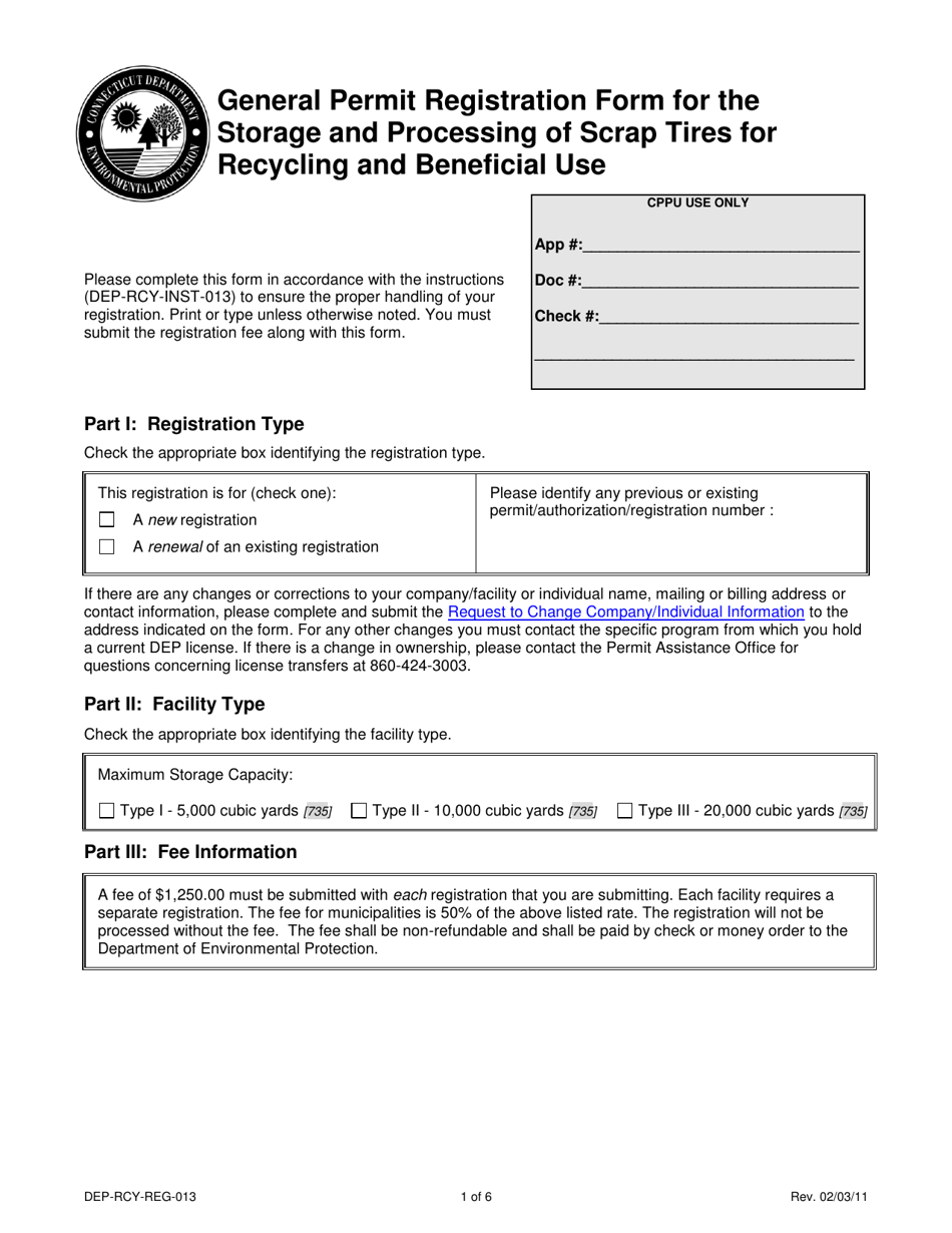 Form DEP-RCY-REG-013 General Permit Registration Form for the Storage and Processing of Scrap Tires for Recycling and Beneficial Use - Connecticut, Page 1