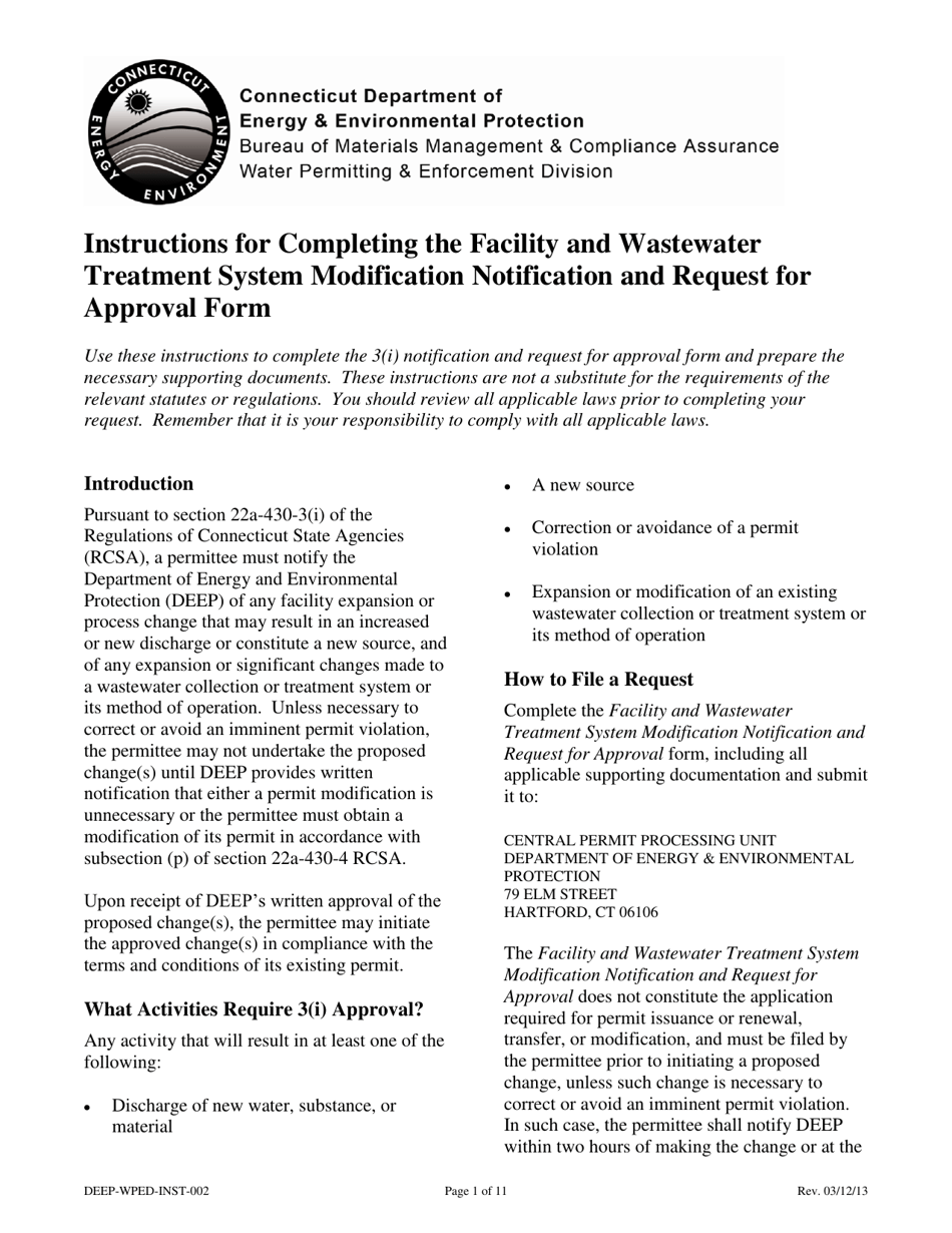 Instructions for Form DEEP-WPED-APP-002 Facility and Wastewater Treatment System Modification Notification and Request for Approval - Connecticut, Page 1