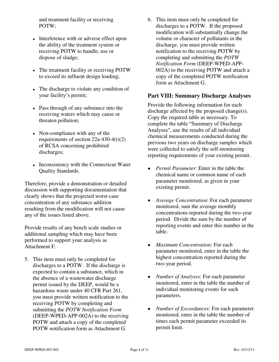 Instructions for Form DEEP-WPED-APP-002 Facility and Wastewater Treatment System Modification Notification and Request for Approval - Connecticut, Page 4