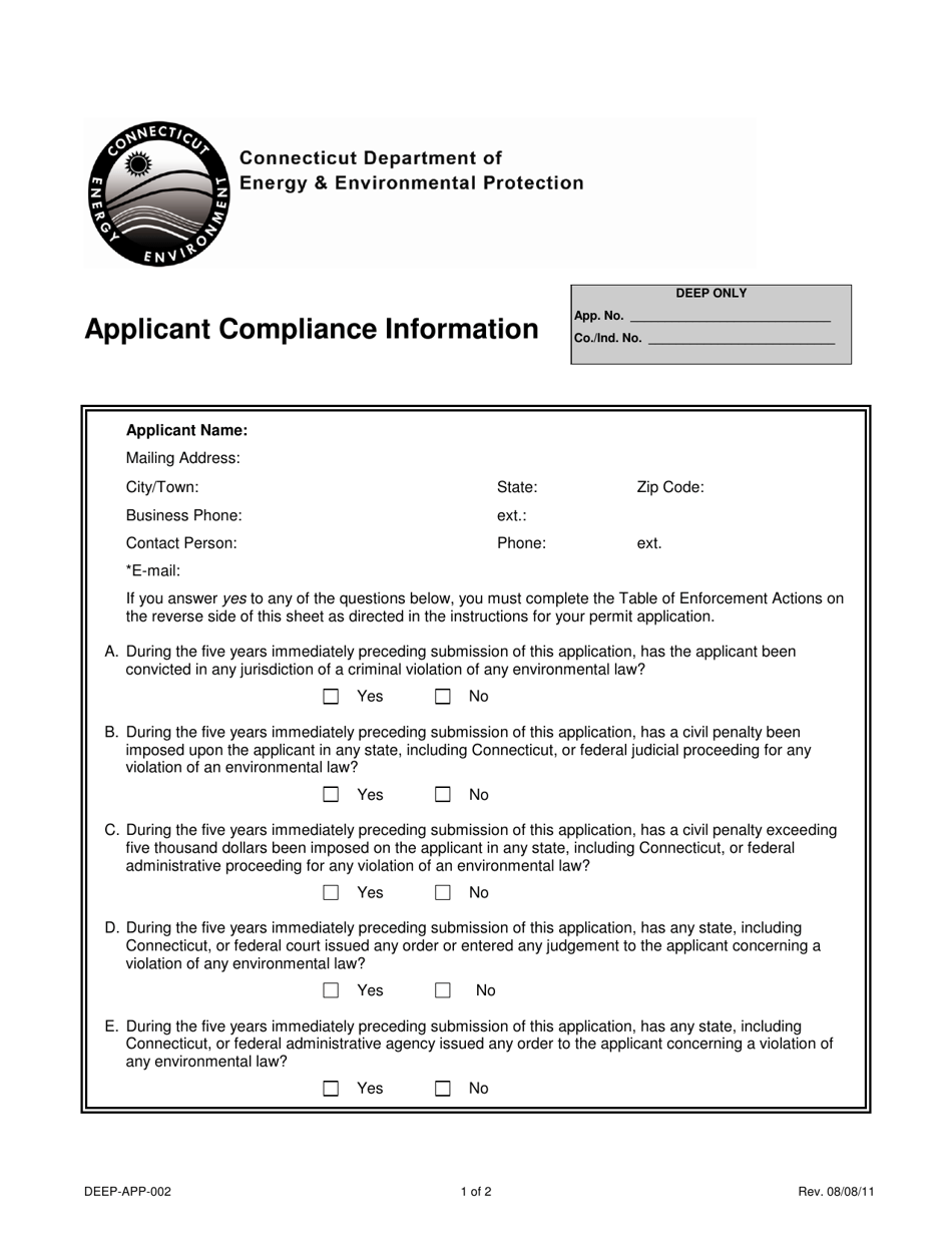 Form DEEP-APP-002 Applicant Compliance Information - Connecticut, Page 1