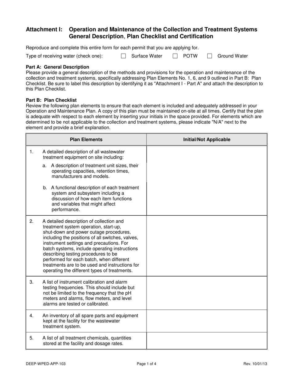 Form DEEP-WPED-APP-103 Attachment I Operation and Maintenance of the Collection and Treatment Systems General Description, Plan Checklist and Certification - Connecticut, Page 1
