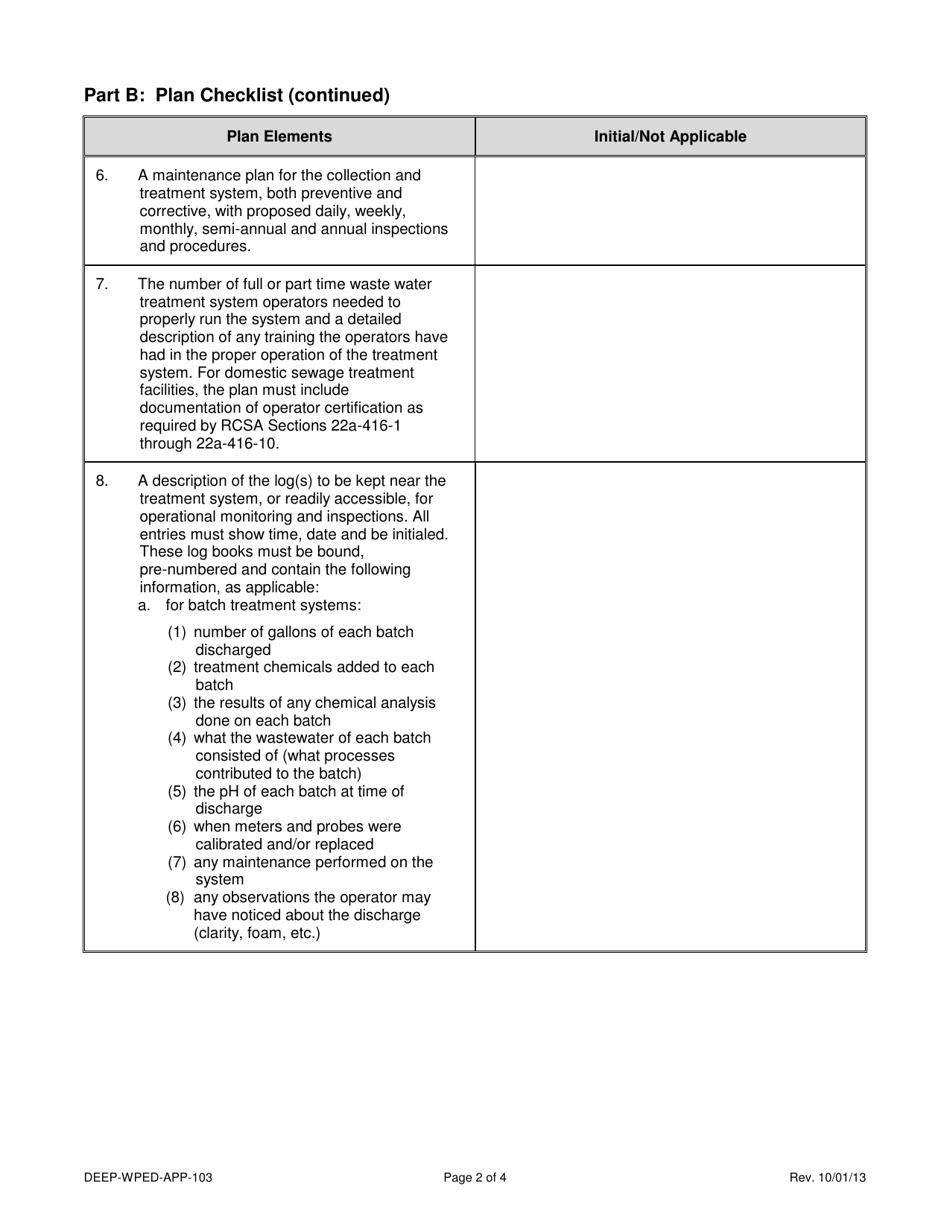 Form DEEP-WPED-APP-103 Attachment I Operation and Maintenance of the Collection and Treatment Systems General Description, Plan Checklist and Certification - Connecticut, Page 2