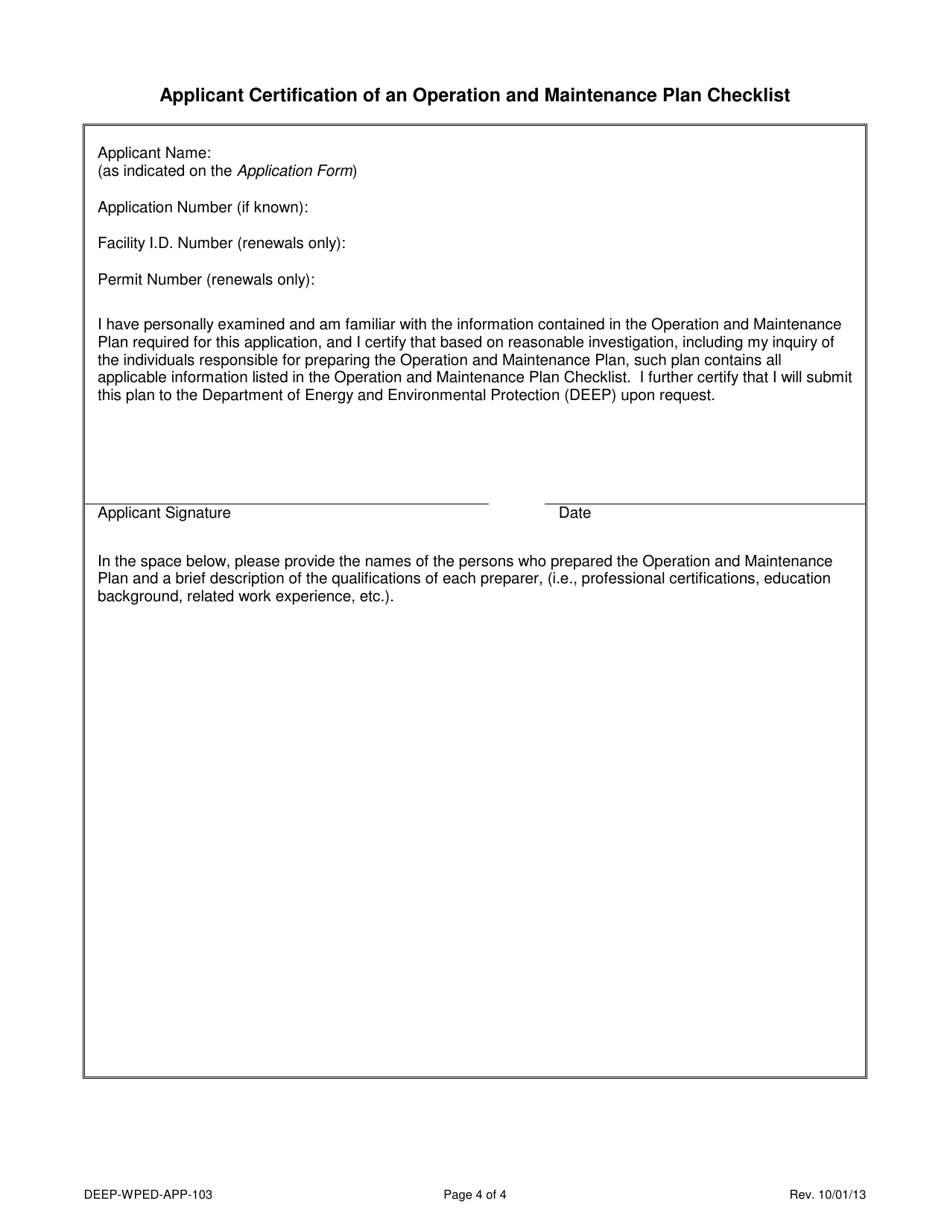 Form DEEP-WPED-APP-103 Attachment I Operation and Maintenance of the Collection and Treatment Systems General Description, Plan Checklist and Certification - Connecticut, Page 4