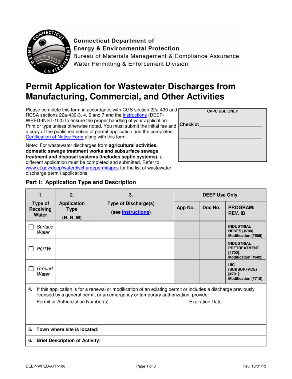 Form DEEP-WPED-APP-100 Permit Application for Wastewater Discharges From Manufacturing, Commercial, and Other Activities - Connecticut, Page 1