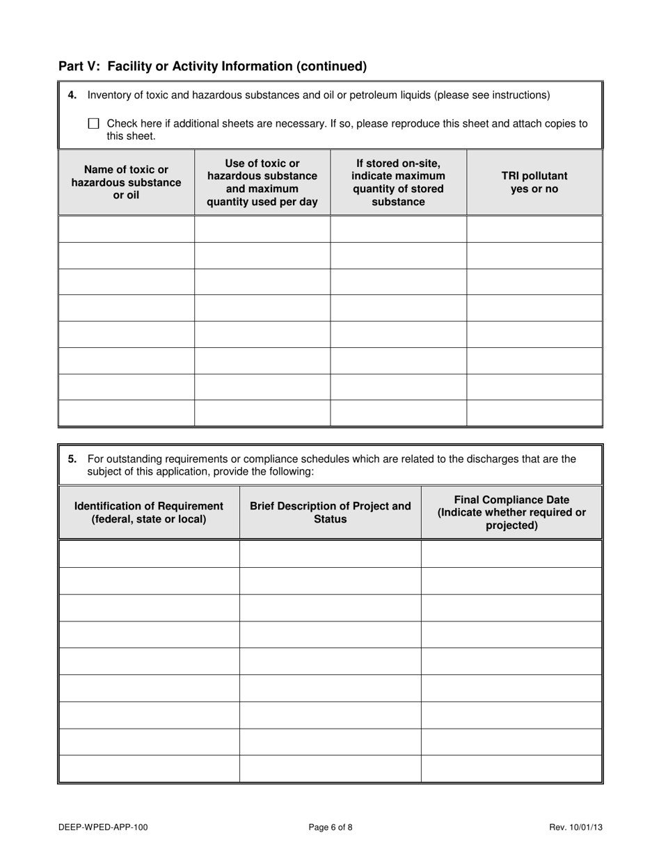 Form DEEP-WPED-APP-100 Permit Application for Wastewater Discharges From Manufacturing, Commercial, and Other Activities - Connecticut, Page 6