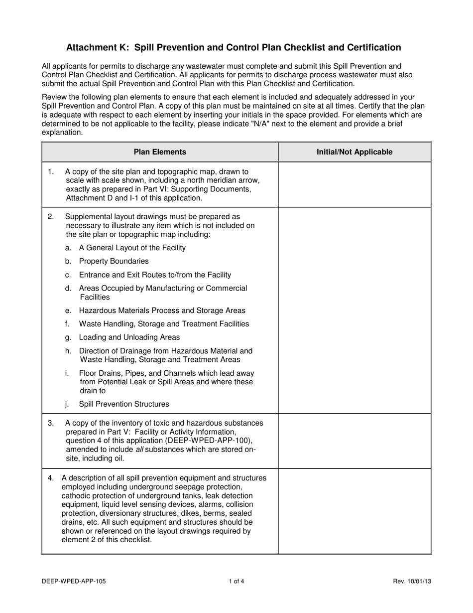 Form DEEP-WPED-APP-105 Attachment K Spill Prevention and Control Plan Checklist and Certification - Connecticut, Page 1