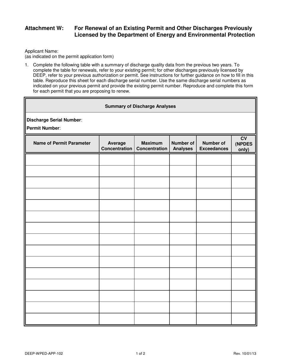 Form DEEP-WPED-APP-102 Attachment W Renewal of an Existing Permit or Other Discharges Previously Licensed by Deep - Connecticut, Page 1