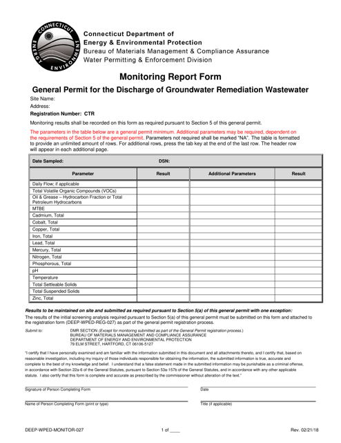 Form DEEP-WPED-MONITOR-027 Monitoring Report Form General Permit for the Discharge of Groundwater Remediation Wastewater - Connecticut